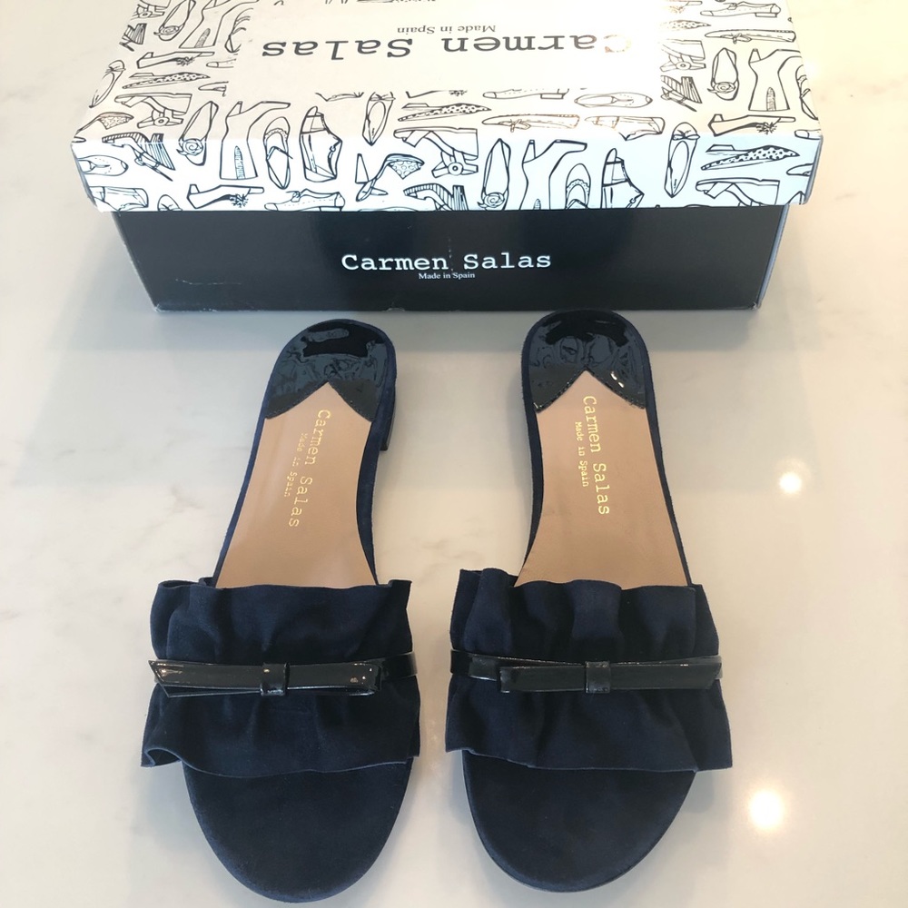 Carmen Salas Navy Suede Flat Slide sandal